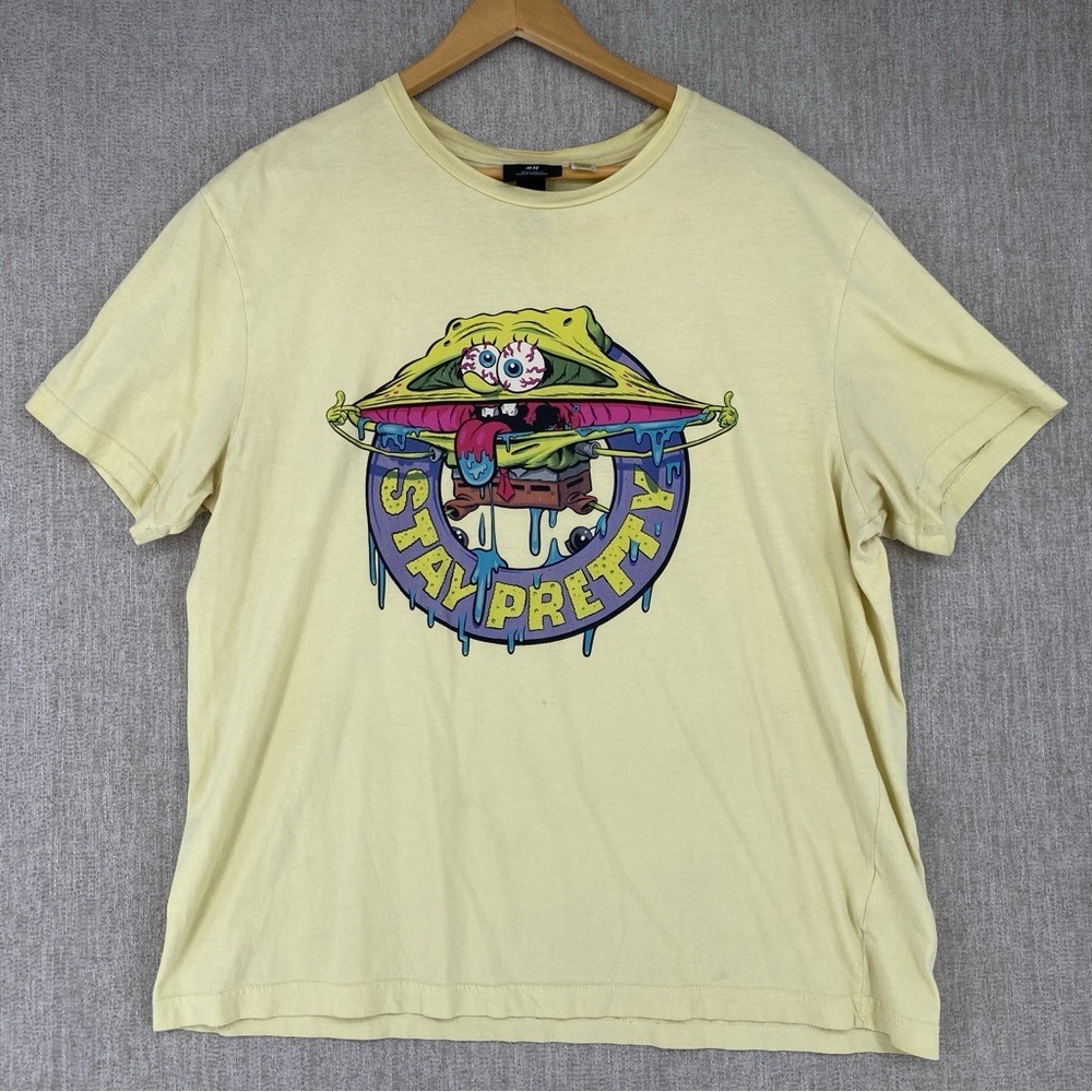 H&M T-Shirt Men XL Yellow SpongeBob Stay Pretty Graphic Regular Fit Short Sleeve